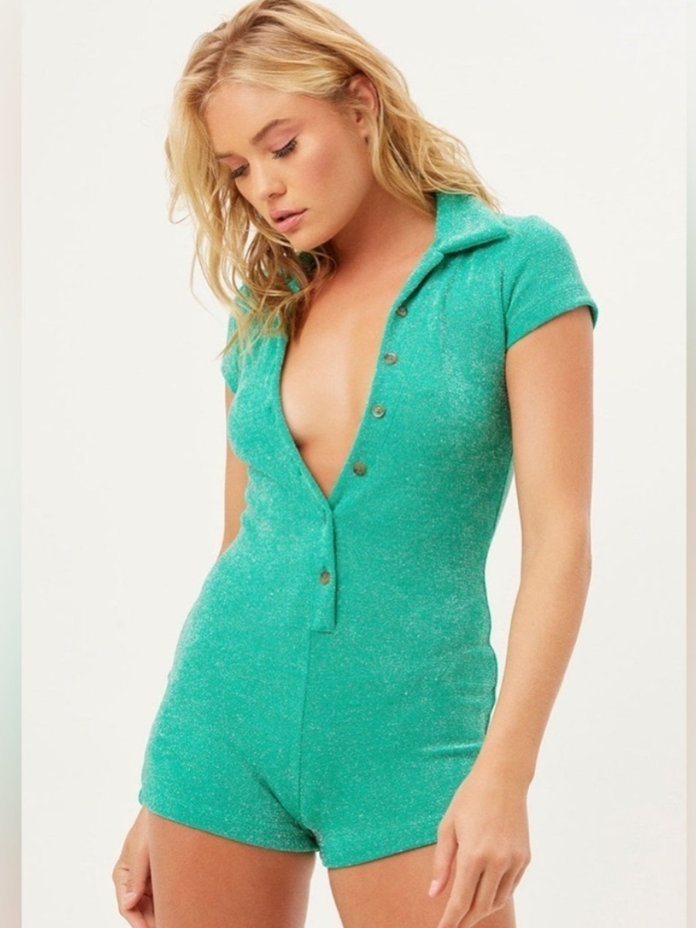 Frankies Bikinis Rose Terry Button Front Romper S